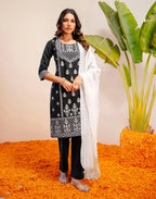 Noir Black Round Neck Pigment Print Straight 3 Piece Kurta Set with Dupatta