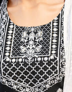 Noir Black Round Neck Pigment Print Straight 3 Piece Kurta Set with Dupatta