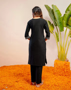 Noir Black Round Neck Pigment Print Straight 3 Piece Kurta Set with Dupatta