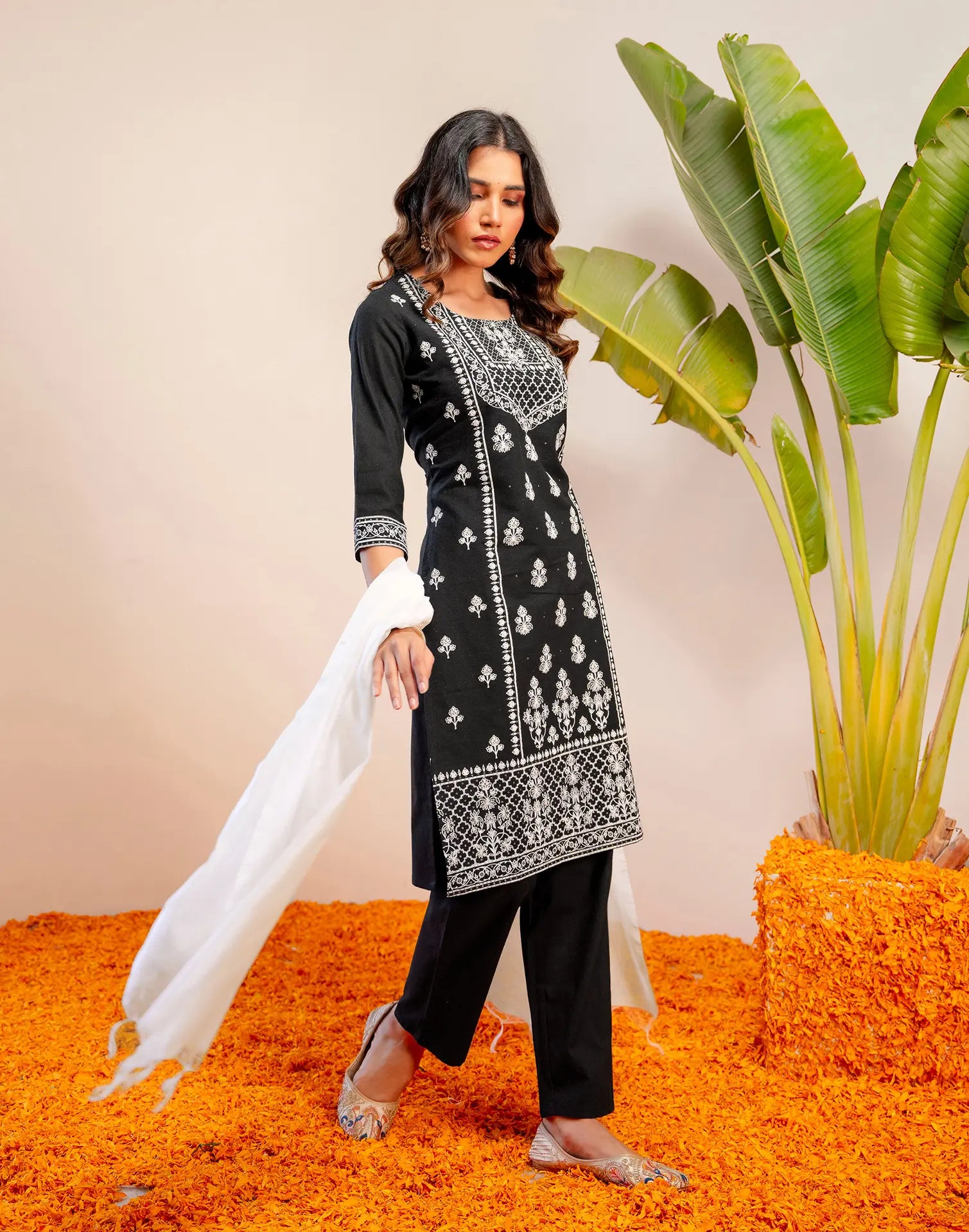 Noir Black Round Neck Pigment Print Straight 3 Piece Kurta Set with Dupatta