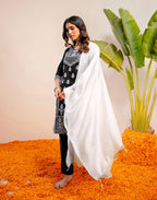 Noir Black Round Neck Pigment Print Straight 3 Piece Kurta Set with Dupatta