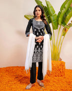 Noir Black Round Neck Pigment Print Straight 3 Piece Kurta Set with Dupatta