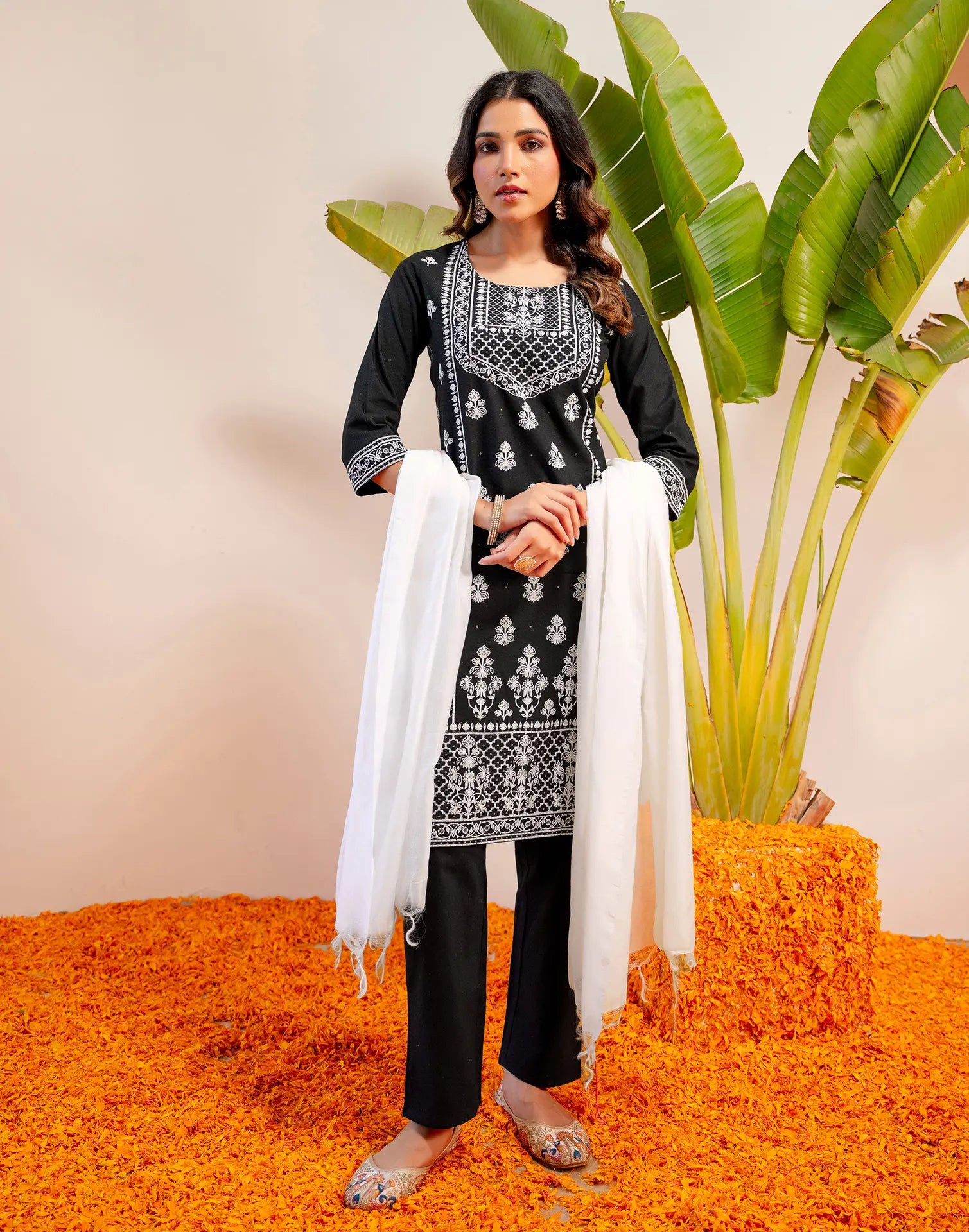 Noir Black Round Neck Pigment Print Straight 3 Piece Kurta Set with Dupatta