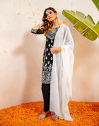 Noir Black Round Neck Pigment Print Straight 3 Piece Kurta Set with Dupatta