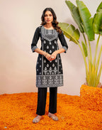 Noir Black Round Neck Pigment Print Straight 3 Piece Kurta Set with Dupatta