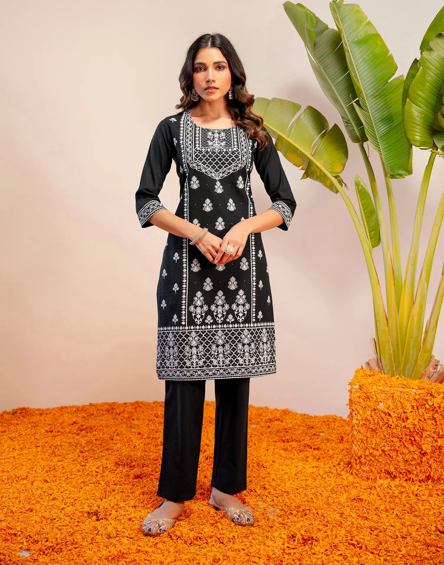 Noir Black Round Neck Pigment Print Straight 3 Piece Kurta Set with Dupatta