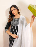 Noir Black Round Neck Pigment Print Straight 3 Piece Kurta Set with Dupatta