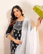 Noir Black Round Neck Pigment Print Straight 3 Piece Kurta Set with Dupatta