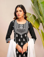 Noir Black Round Neck Pigment Print Straight 3 Piece Kurta Set with Dupatta