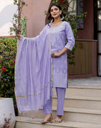 Pastel Purple Round Neck Pigment Print Straight 3 Piece Kurta Set with Dupatta