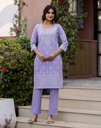 Pastel Purple Round Neck Pigment Print Straight 3 Piece Kurta Set with Dupatta
