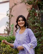 Pastel Purple Round Neck Pigment Print Straight 3 Piece Kurta Set with Dupatta