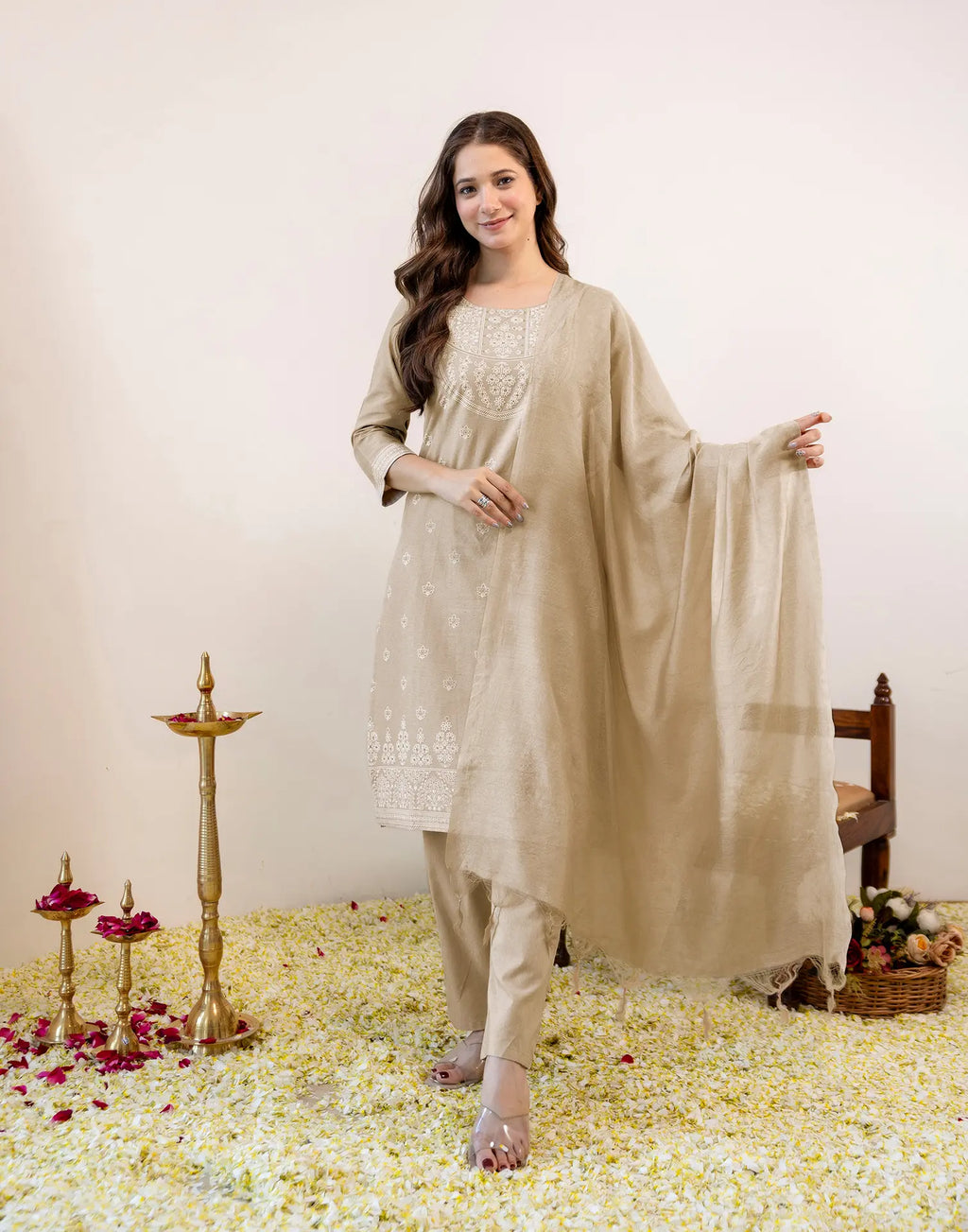 Sand Beige Round Neck Pigment Print Straight 3 Piece Kurta Set with Dupatta