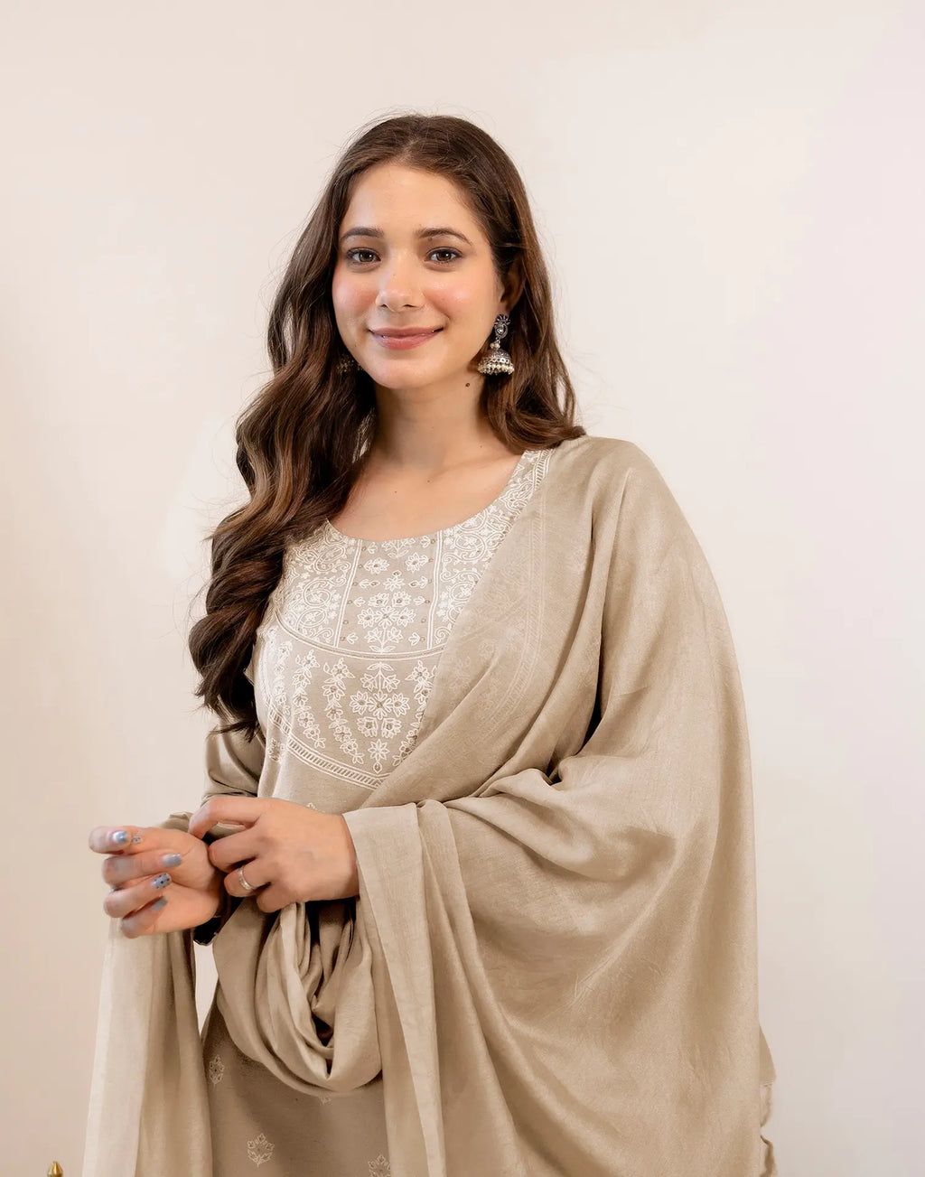 Sand Beige Round Neck Pigment Print Straight 3 Piece Kurta Set with Dupatta