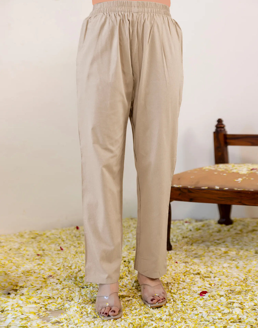 Sand Beige Round Neck Pigment Print Straight 3 Piece Kurta Set with Dupatta