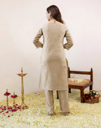 Sand Beige Round Neck Pigment Print Straight 3 Piece Kurta Set with Dupatta
