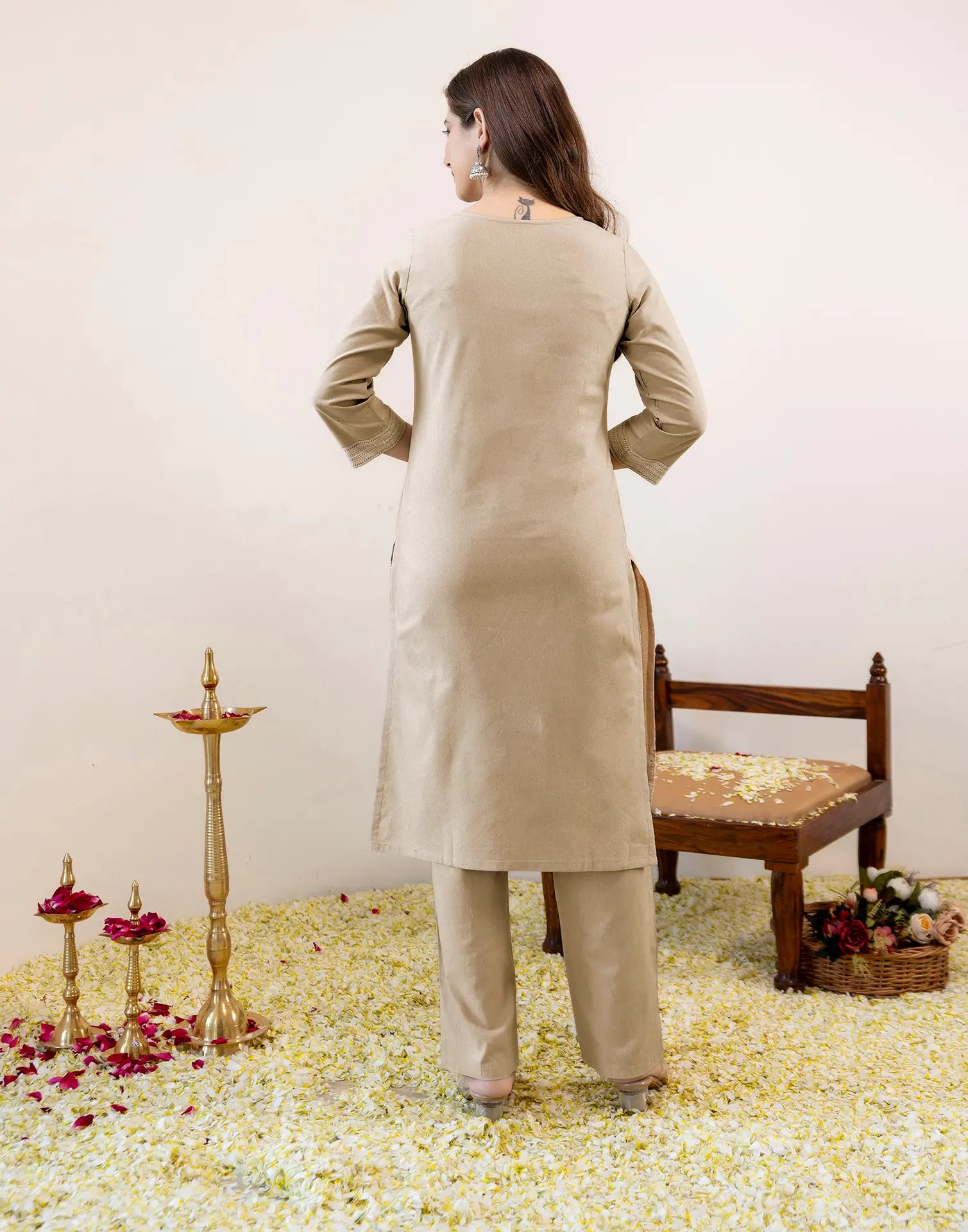 Sand Beige Round Neck Pigment Print Straight 3 Piece Kurta Set with Dupatta