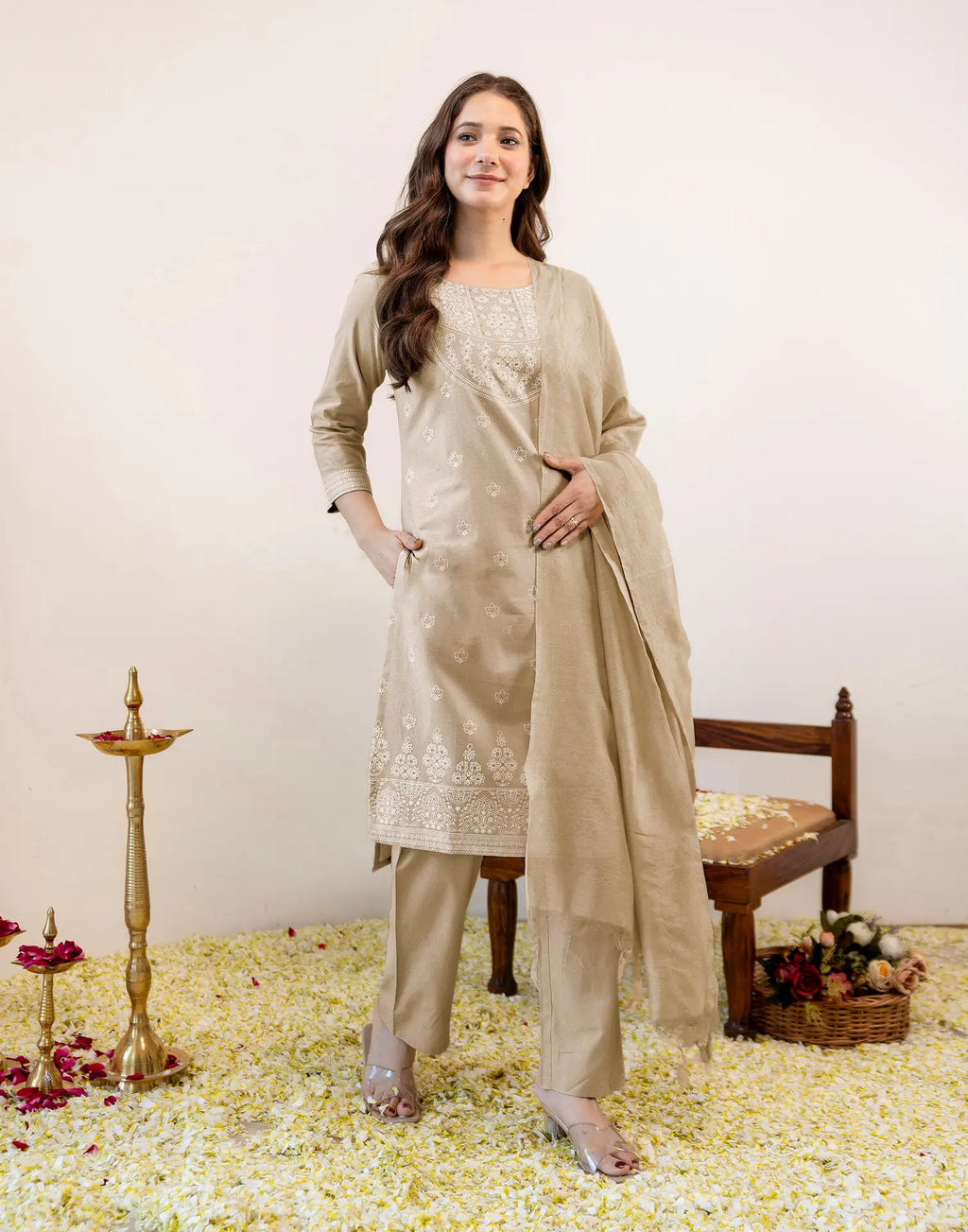 Sand Beige Round Neck Pigment Print Straight 3 Piece Kurta Set with Dupatta