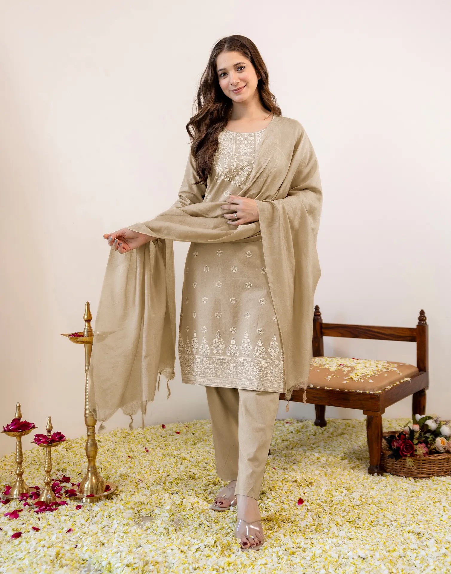Sand Beige Round Neck Pigment Print Straight 3 Piece Kurta Set with Dupatta
