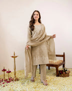 Sand Beige Round Neck Pigment Print Straight 3 Piece Kurta Set with Dupatta