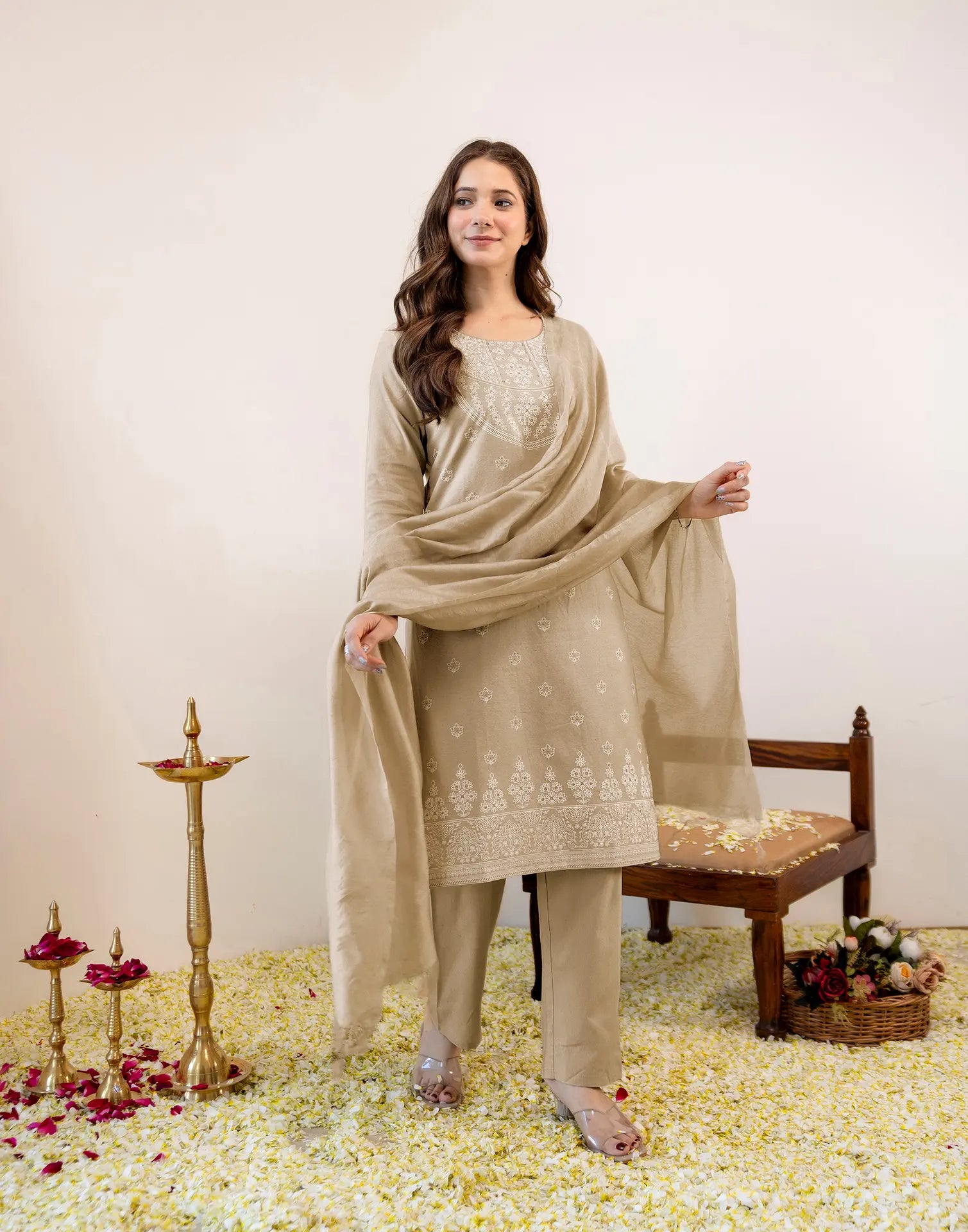 Sand Beige Round Neck Pigment Print Straight 3 Piece Kurta Set with Dupatta