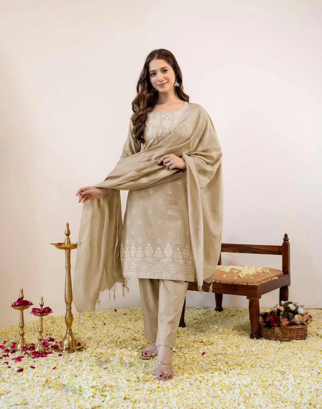 Sand Beige Round Neck Pigment Print Straight 3 Piece Kurta Set with Dupatta