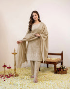 Sand Beige Round Neck Pigment Print Straight 3 Piece Kurta Set with Dupatta