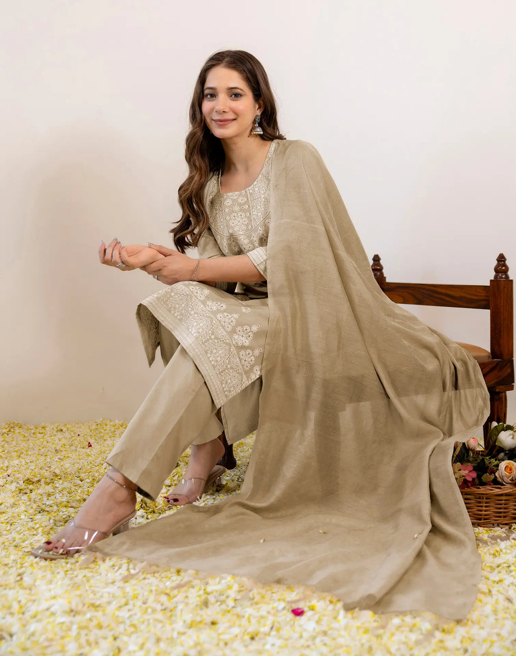 Sand Beige Round Neck Pigment Print Straight 3 Piece Kurta Set with Dupatta