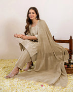 Sand Beige Round Neck Pigment Print Straight 3 Piece Kurta Set with Dupatta