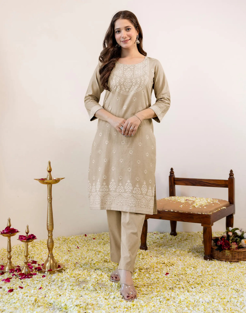 Sand Beige Round Neck Pigment Print Straight 3 Piece Kurta Set with Dupatta