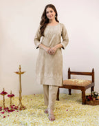 Sand Beige Round Neck Pigment Print Straight 3 Piece Kurta Set with Dupatta