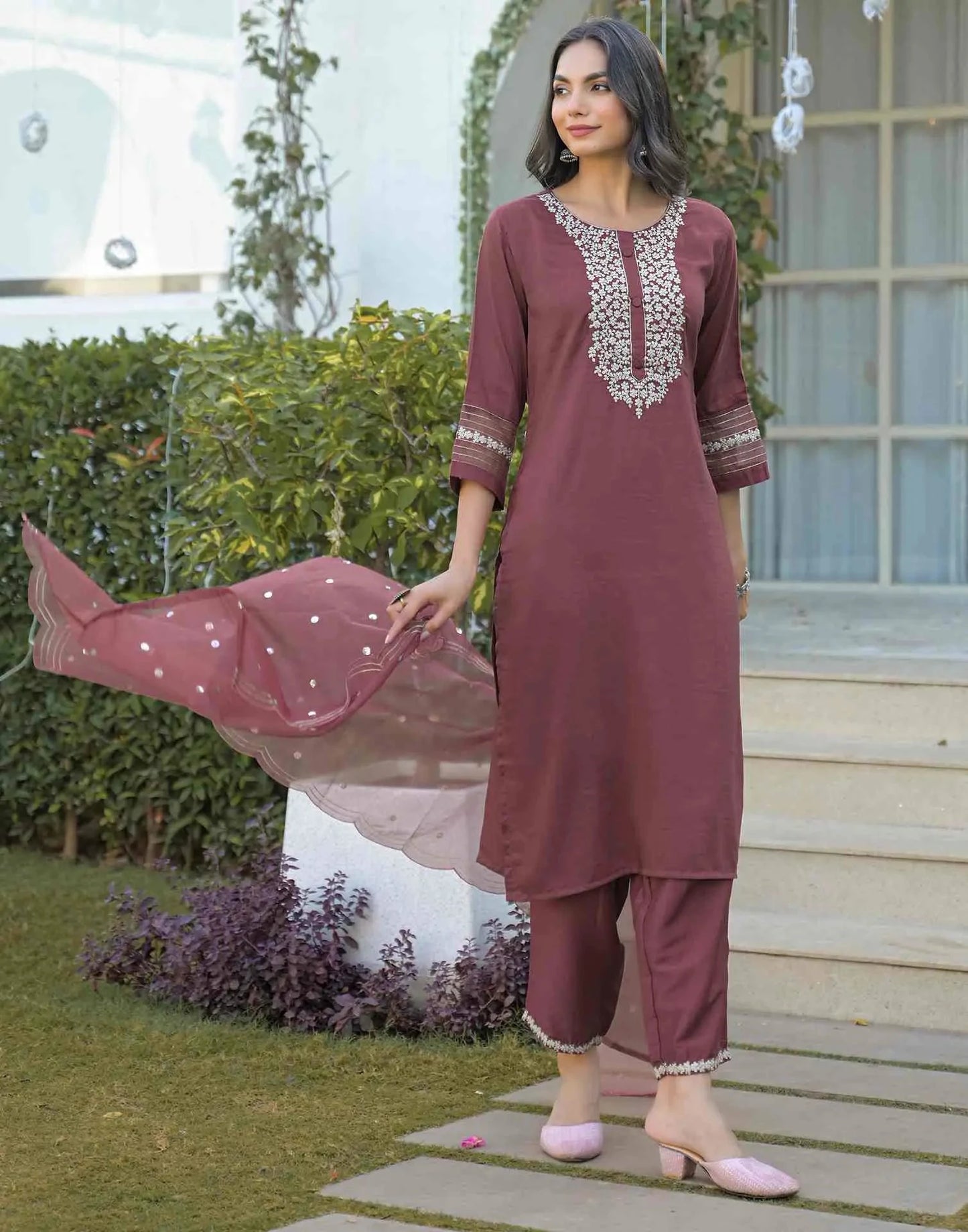 Silk Embroidered Straight Round Neck Kurta with Pant & Dupatta