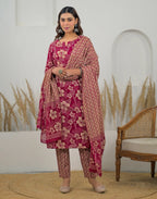 Skylee Cotton Floral Print Straight 3 Piece Kurta Set For Woman