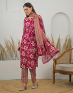 Skylee Cotton Floral Print Straight 3 Piece Kurta Set For Woman