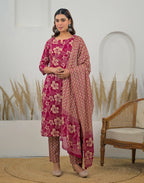 Skylee Cotton Floral Print Straight 3 Piece Kurta Set For Woman