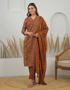 Skylee Cotton Printed Straight 3 Piece Kurta Set For Woman