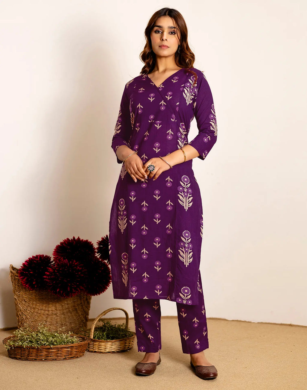 Skylee Cotton Printed Straight 3 Piece Kurta Set For Woman