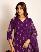 Skylee Cotton Printed Straight 3 Piece Kurta Set For Woman