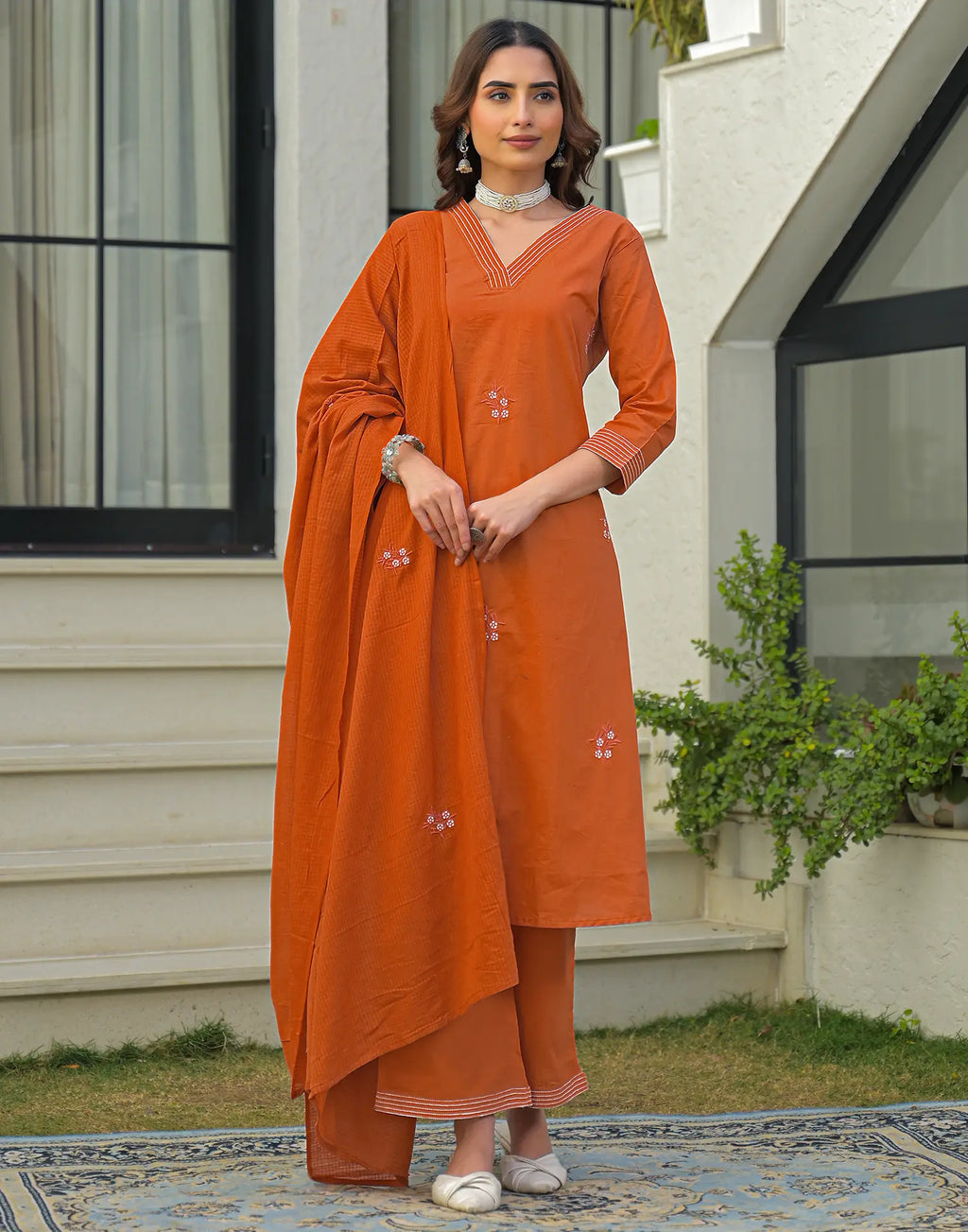 Skylee Cotton Embroidered Straight 3 Piece Kurta Set For Woman