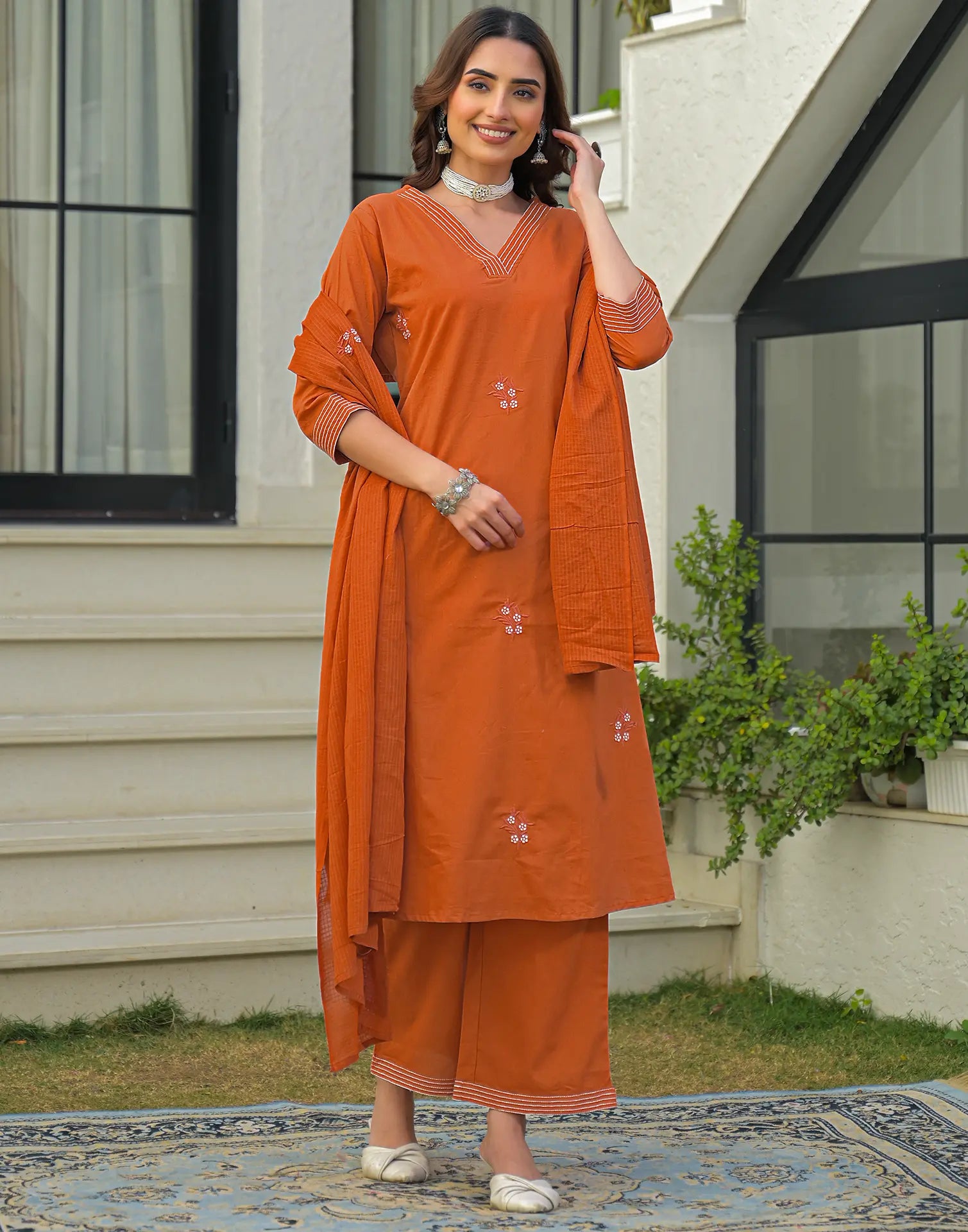 Skylee Cotton Embroidered Straight 3 Piece Kurta Set For Woman