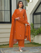 Skylee Cotton Embroidered Straight 3 Piece Kurta Set For Woman