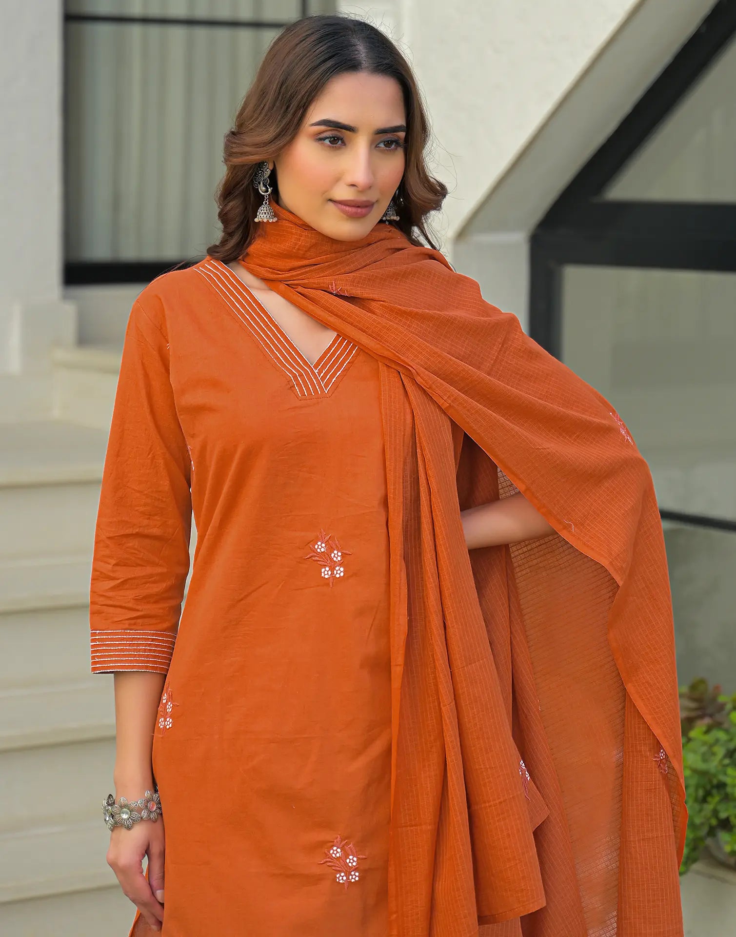Skylee Cotton Embroidered Straight 3 Piece Kurta Set For Woman