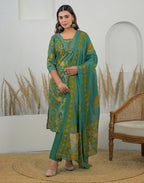 Skylee Cotton Floral Print Straight 3 Piece Kurta Set For Woman