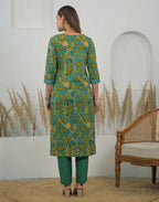 Skylee Cotton Floral Print Straight 3 Piece Kurta Set For Woman