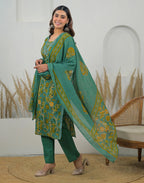 Skylee Cotton Floral Print Straight 3 Piece Kurta Set For Woman