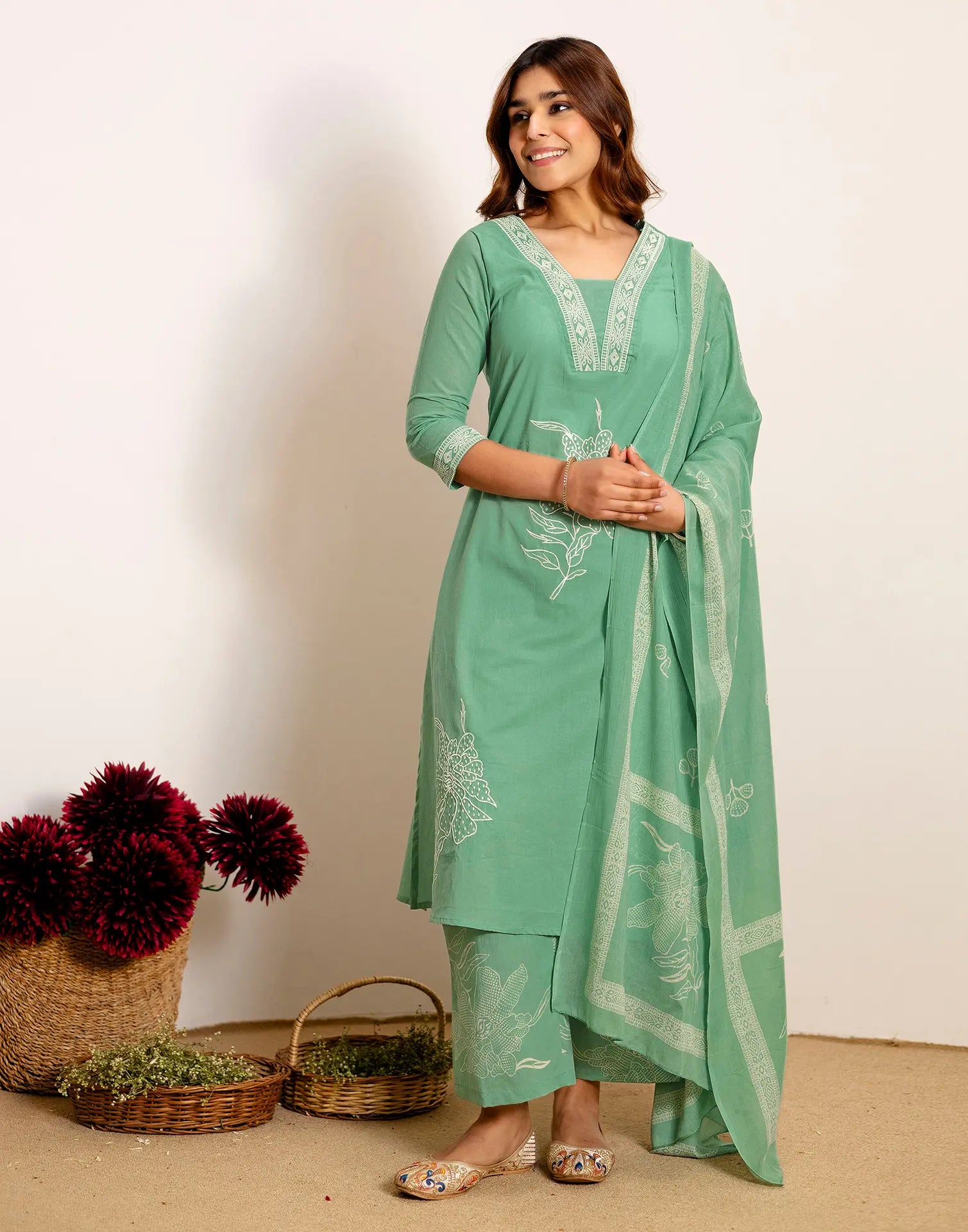 Skylee Cotton Embroidered Straight 3 Piece Kurta Set For Woman