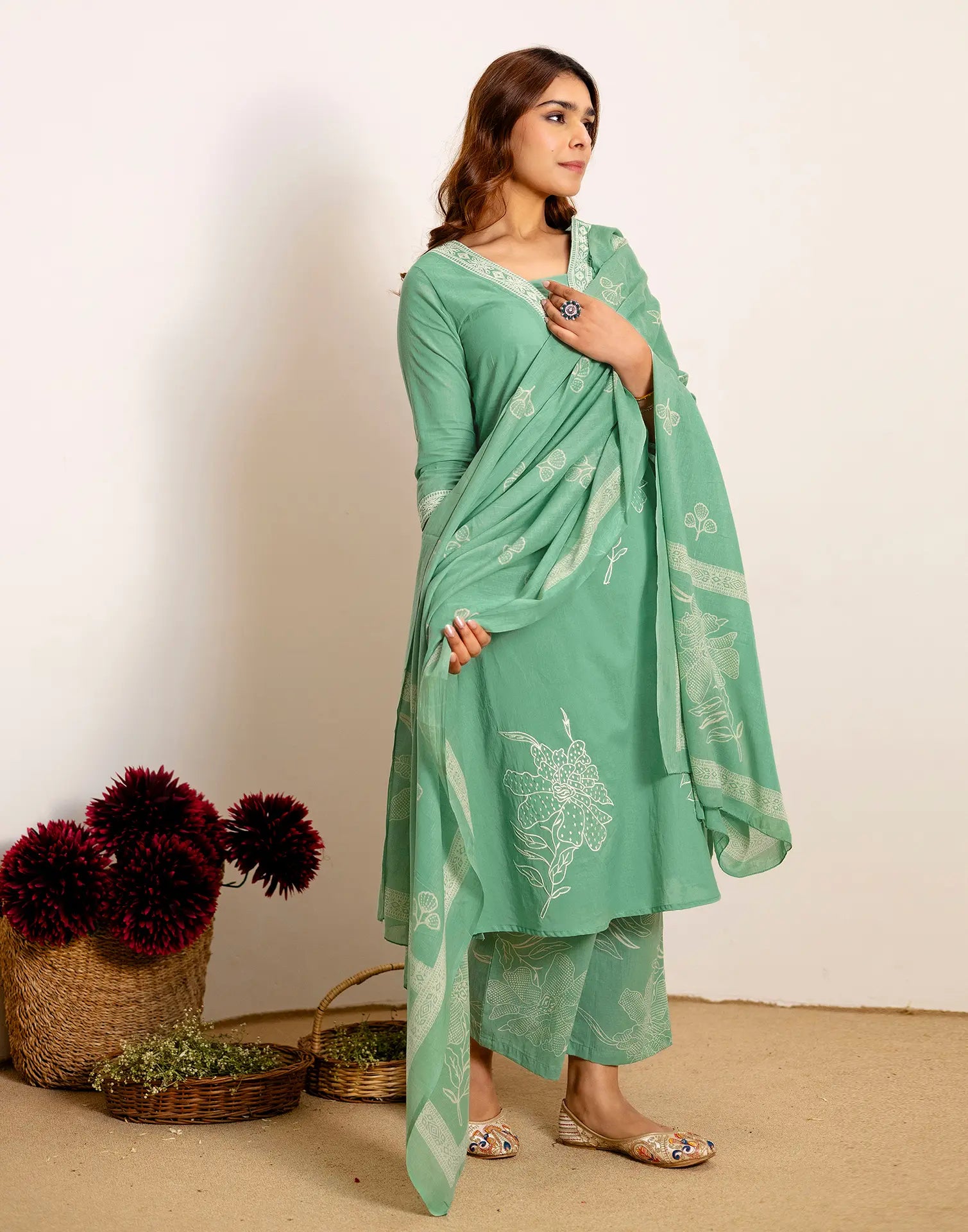 Skylee Cotton Embroidered Straight 3 Piece Kurta Set For Woman