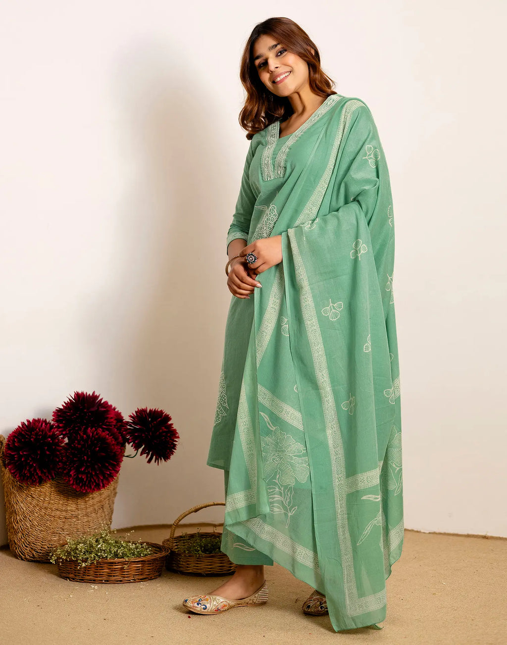 Skylee Cotton Embroidered Straight 3 Piece Kurta Set For Woman