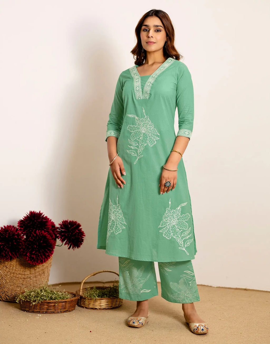 Skylee Cotton Embroidered Straight 3 Piece Kurta Set For Woman