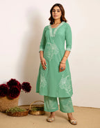 Skylee Cotton Embroidered Straight 3 Piece Kurta Set For Woman